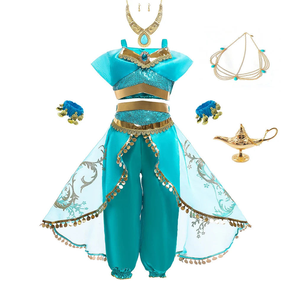 Jasmine Princess Cosplay Costume Girl Jasmine Sets Cartoon Children Birthday Party Gift Halloween Fantasy Outfits