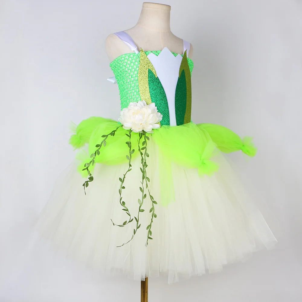 Princess Tiana Costume for Girls 3 Layers Flowers Tulle Tutu Dresses Ball Gown Toddler Kids Halloween Birthday Party Dress Up