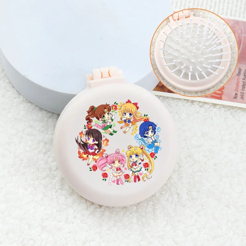 Sailor Moon Anime  Mini Folding Hair Brush with Mirror Portable Travel Comb for Women Lightweight Outdoor Use Hand Washable Gift