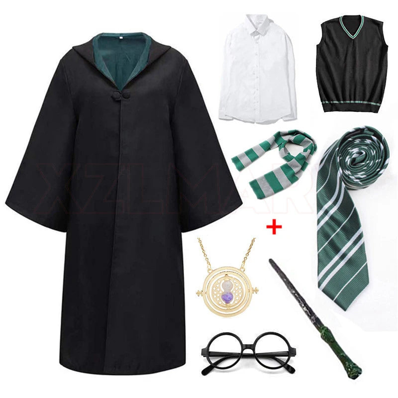 Adult Girls Hogwarts Cosplay Magic School Robes Cloak Slytherin Halloween Cape Boys Costume Women Men Uniform Scarf Tie Gifts