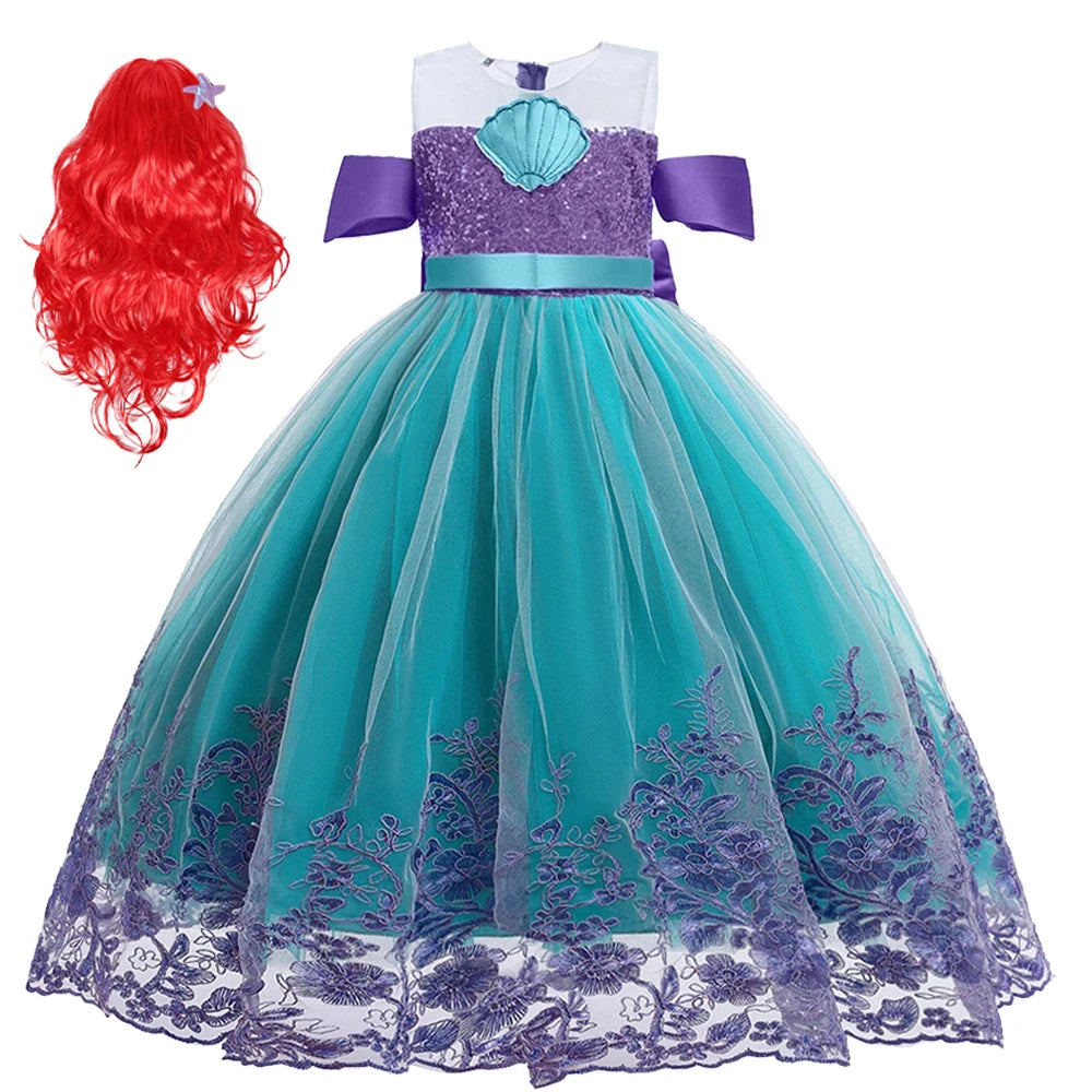 Cute Girl Princess Little Mermaid Ariel Dress Kids Cosplay Costume Children Halloween Birthday Party Clothes Summer Dress Girl