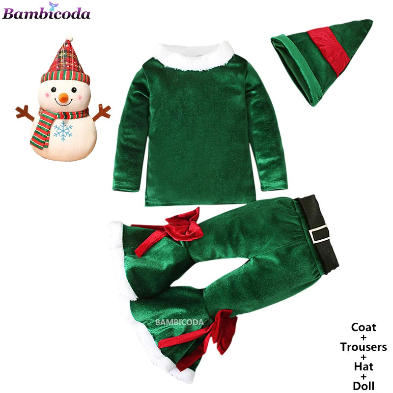 2025 Christmas Santa Claus Outfit Newborn Clothing Sets Winter Fleece Tops+Pants+Hats Baby Girls Clothes Costume Xmas