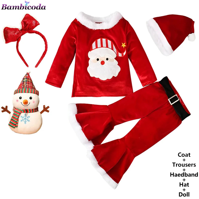 2025 Christmas Santa Claus Outfit Newborn Clothing Sets Winter Fleece Tops+Pants+Hats Baby Girls Clothes Costume Xmas