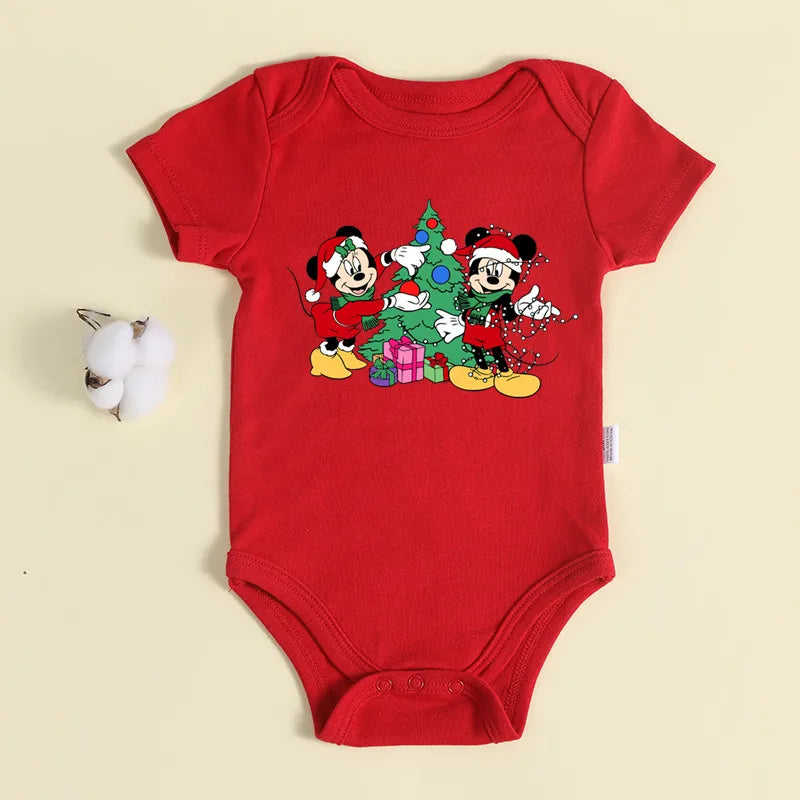 Christmas Newborn Baby Red Romper 100% Cotton Baby Mickey Print Infant Outfit Baby Girls Boys Bodysuit Disney Clothes Xmas Gift