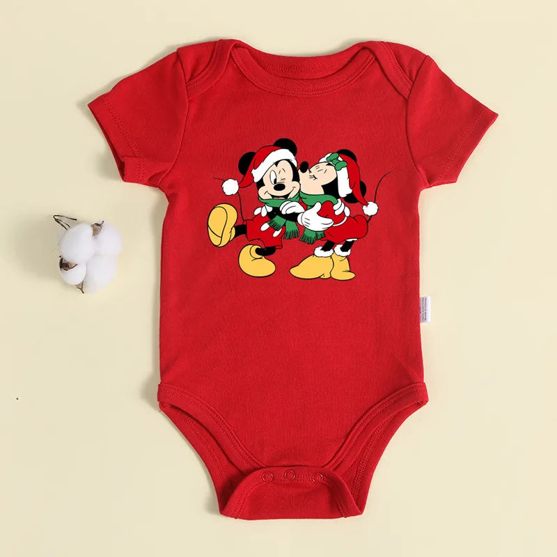 Christmas Newborn Baby Red Romper 100% Cotton Baby Mickey Print Infant Outfit Baby Girls Boys Bodysuit Disney Clothes Xmas Gift
