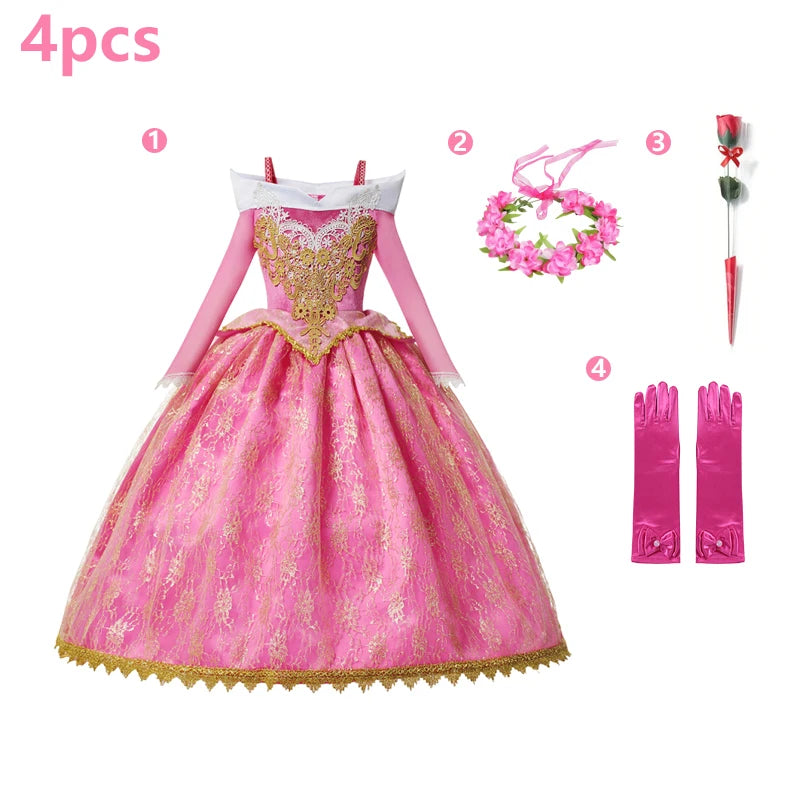 Kids Aurora Dress Cosplay Princess Dress Long Sleeve Sliding Shoulder Cake Dress Pink Girls Carnival Party Evening Dress