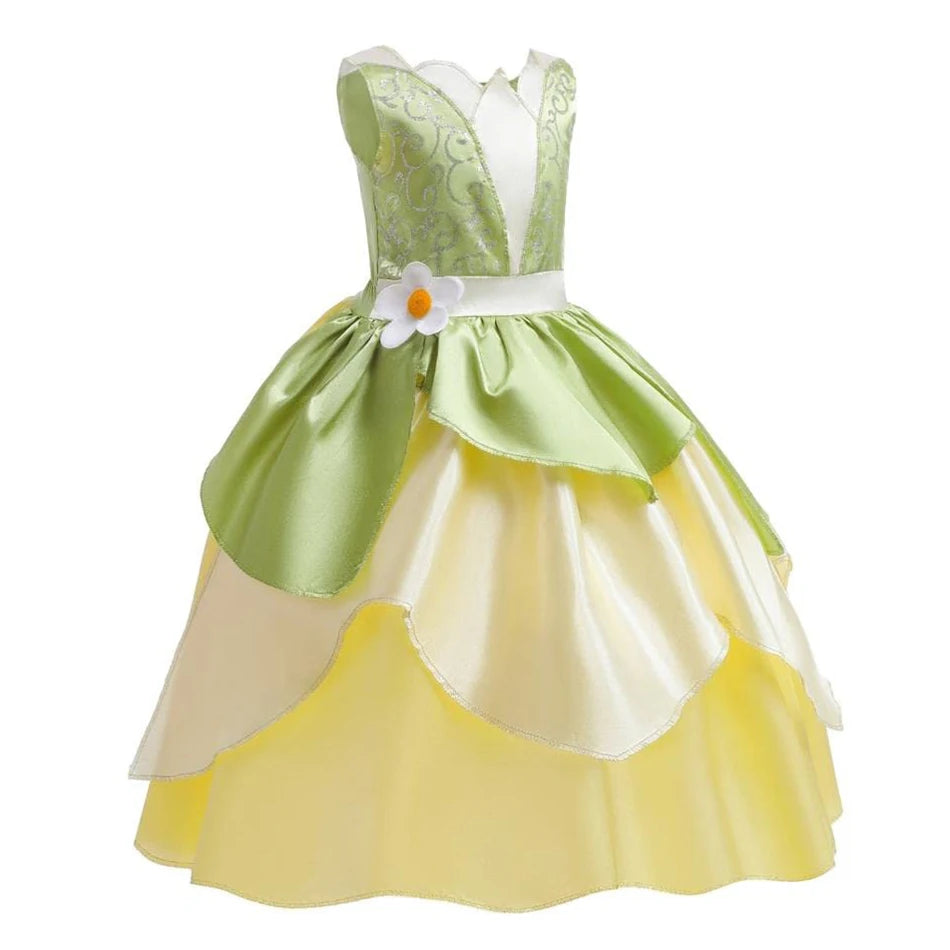 Tiana Costume Girls Cosplay Princess Dress Up Children Carnival Party Vestidos Kids Green Sleeveless Elegant Dresses