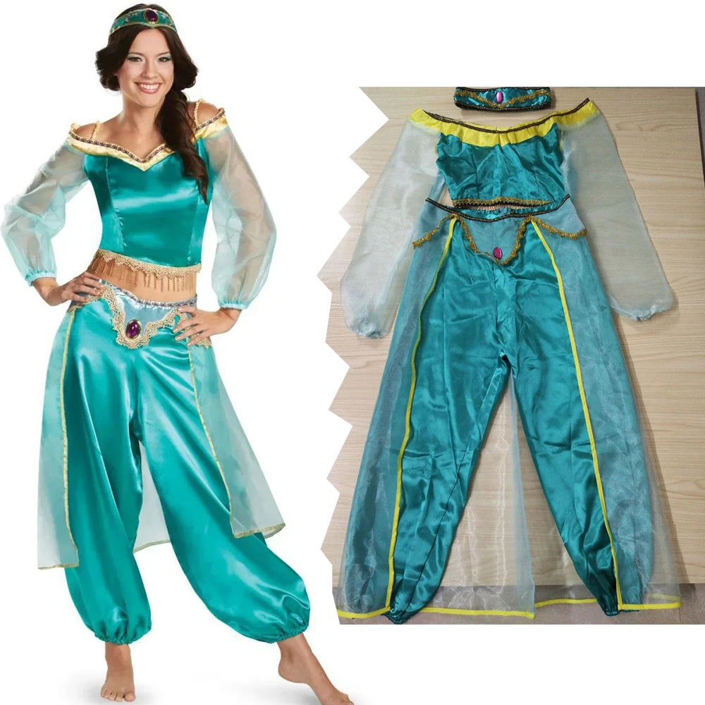 Jasmine Princess Dress Cosplay Costume for Adult Women in Aladdin, European American Role Play Stage Outfit for the Halloween