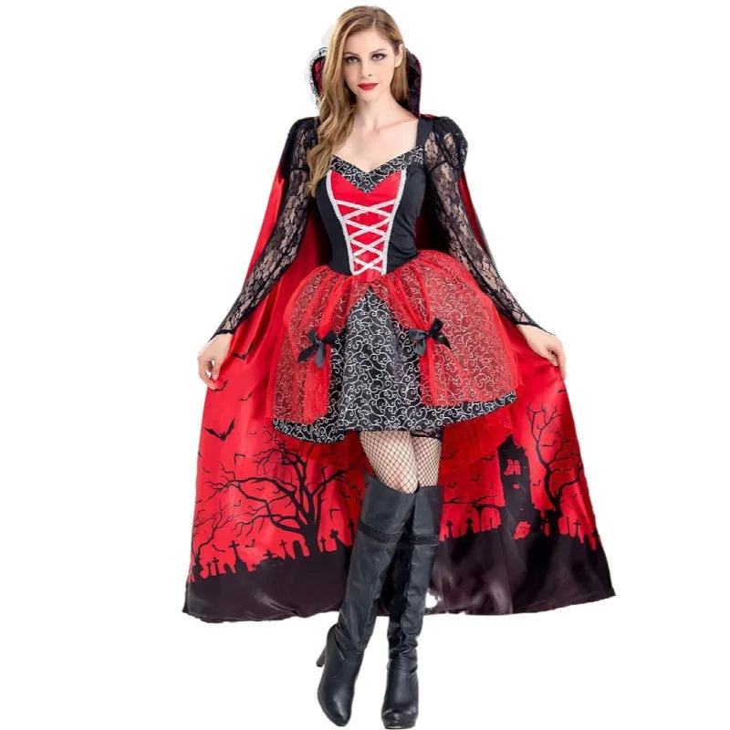 Witch Red Lace Long Sleeve Dress Women's Medieval Retro Vampire Demon Queen Cosplay Costume Holiday Party Performance Clothes