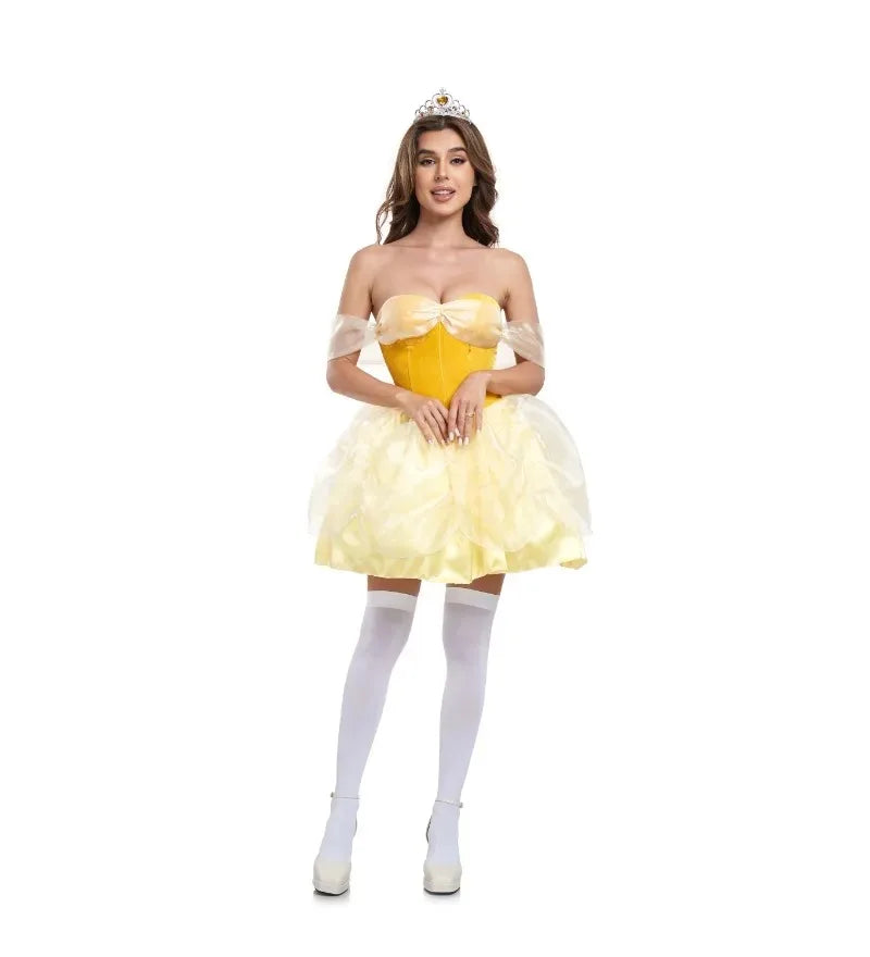 Halloween Beauty and the Beast Costume Women's Sexy Yellow Belle Princess Cosplay Carnival Party Fancy Dress Up