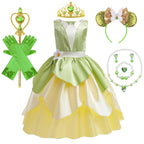 Tiana Costume Girls Cosplay Princess Dress Up Children Carnival Party Vestidos Kids Green Sleeveless Elegant Dresses
