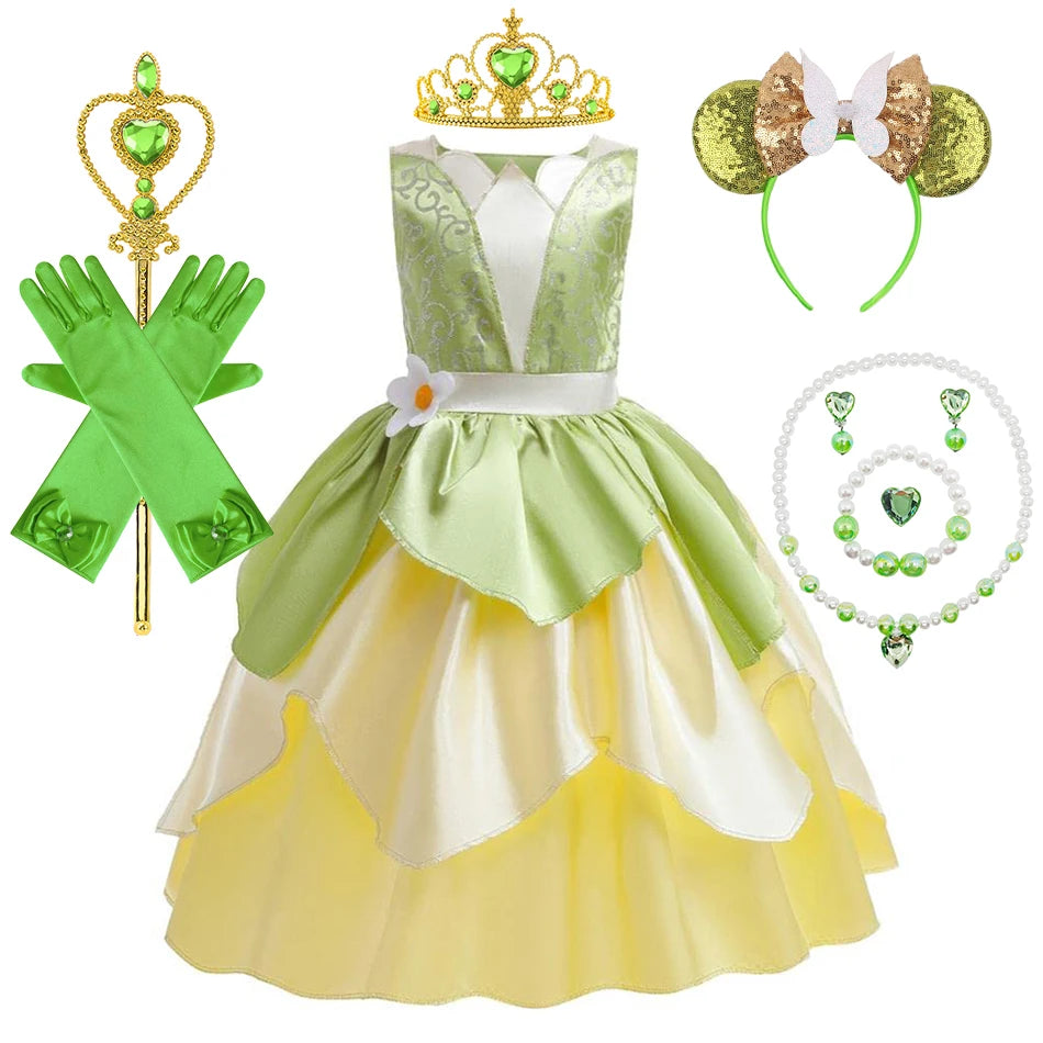 Tiana Costume Girls Cosplay Princess Dress Up Children Carnival Party Vestidos Kids Green Sleeveless Elegant Dresses