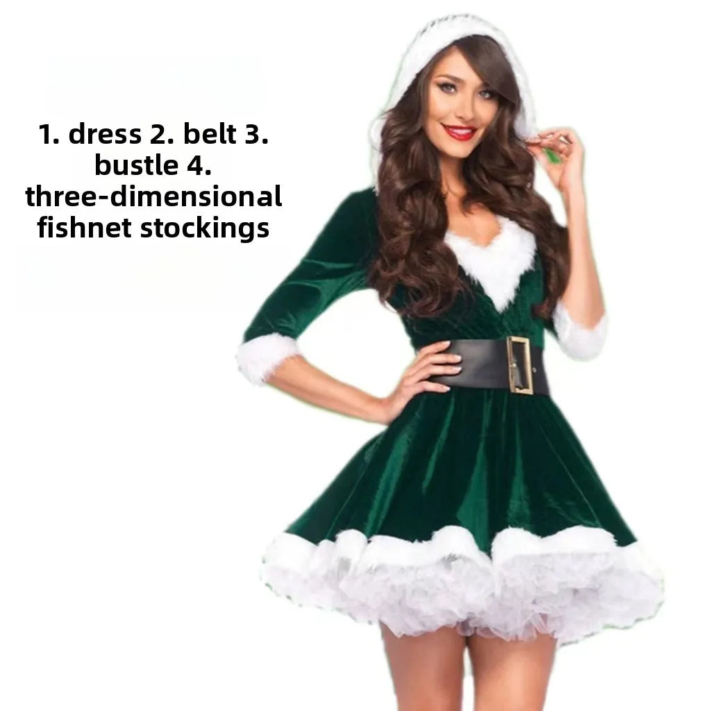 Christmas Dress Outfit For Adult Females Performance Queen Santa Lolita Party Dresses Woman Clothes And Fishnet Stockings