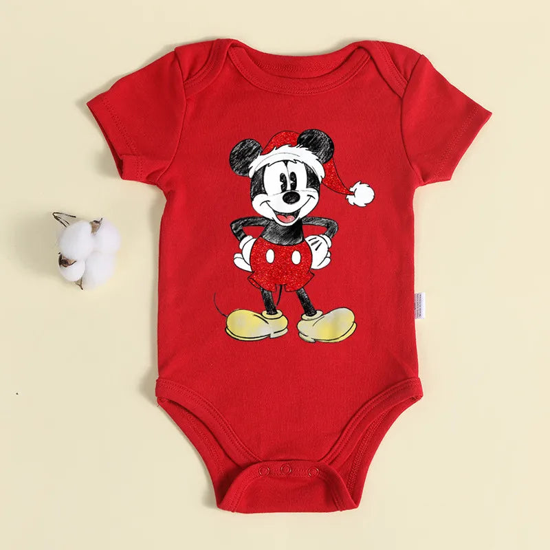 Christmas Newborn Baby Red Romper 100% Cotton Baby Mickey Print Infant Outfit Baby Girls Boys Bodysuit Disney Clothes Xmas Gift