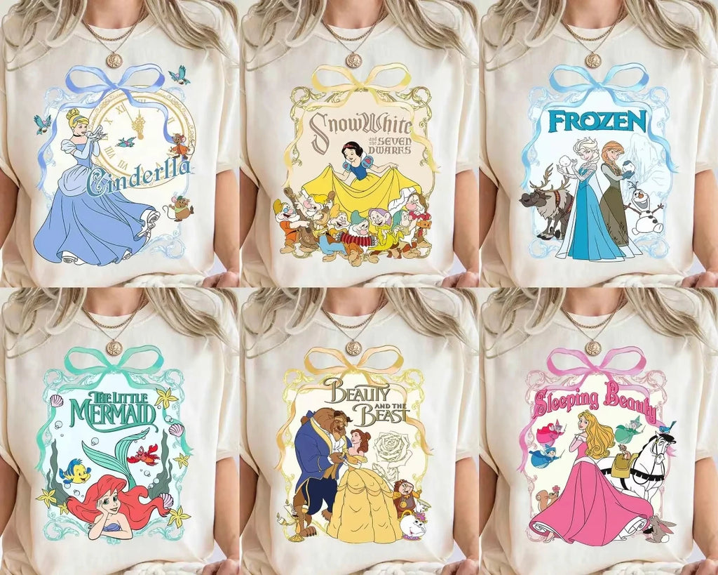 2025 Summer New Enchanting Bow Princess Group Girl Aesthetic T-shirt Cinderella Beauty Long Hair Princess Snow White T-shirt