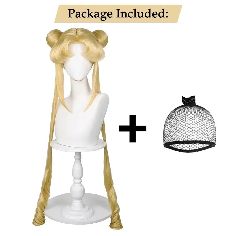 HN8 Sailor Moon Tsukino Usagi Long Curly Blonde Ponytails Wig with 2 Pongtails with Wig Cap for Halloween Costume Party8…Gf