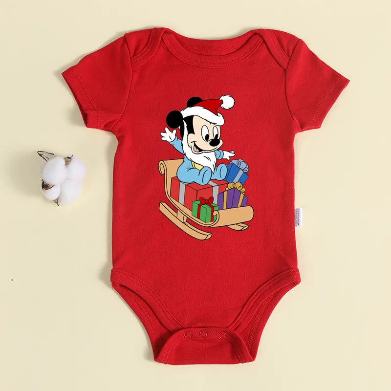 Christmas Newborn Baby Red Romper 100% Cotton Baby Mickey Print Infant Outfit Baby Girls Boys Bodysuit Disney Clothes Xmas Gift