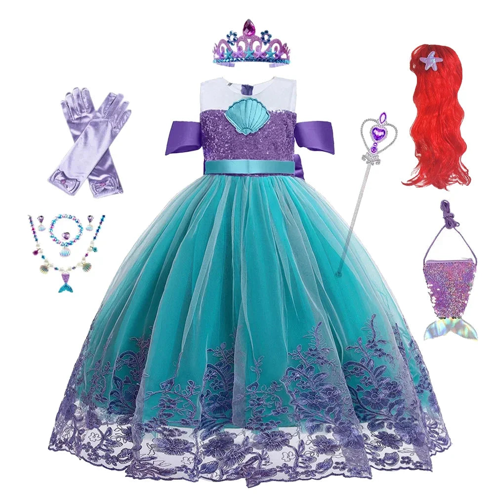 Cute Girl Princess Little Mermaid Ariel Dress Kids Cosplay Costume Children Halloween Birthday Party Clothes Summer Dress Girl