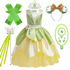 Tiana Costume Girls Cosplay Princess Dress Up Children Carnival Party Vestidos Kids Green Sleeveless Elegant Dresses