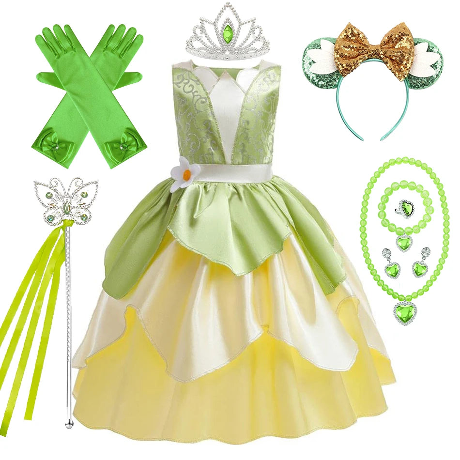 Tiana Costume Girls Cosplay Princess Dress Up Children Carnival Party Vestidos Kids Green Sleeveless Elegant Dresses
