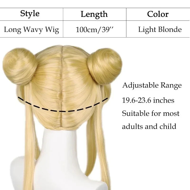 HN8 Sailor Moon Tsukino Usagi Long Curly Blonde Ponytails Wig with 2 Pongtails with Wig Cap for Halloween Costume Party8…Gf