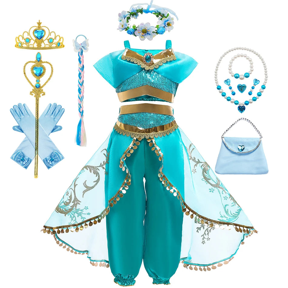 Jasmine Princess Cosplay Costume Girl Jasmine Sets Cartoon Children Birthday Party Gift Halloween Fantasy Outfits