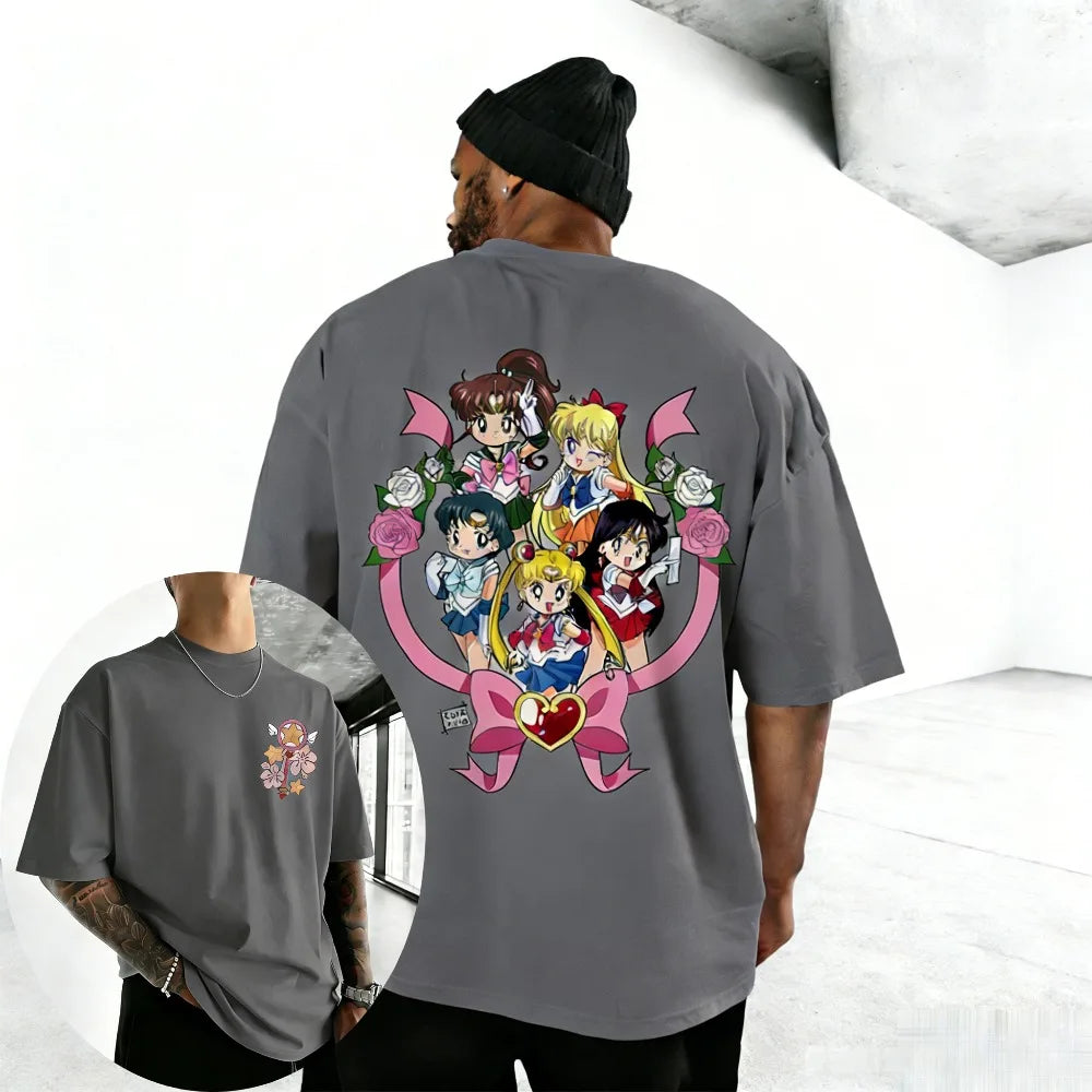 Unisex Pure Cotton T-shirt Sailor Moon Tsukino Usagi 2026 Summer New Item Harajuku Anime Printed Loose Family Short Sleeved Top