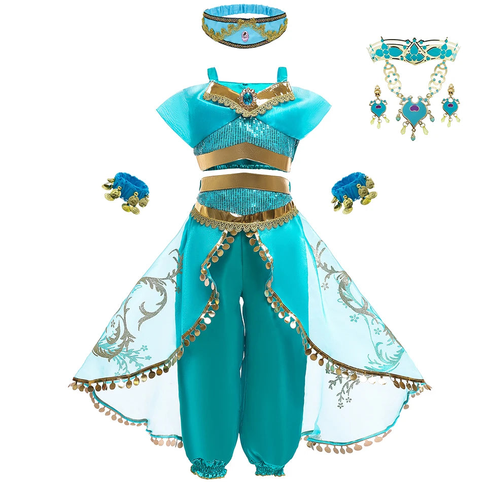 Jasmine Princess Cosplay Costume Girl Jasmine Sets Cartoon Children Birthday Party Gift Halloween Fantasy Outfits