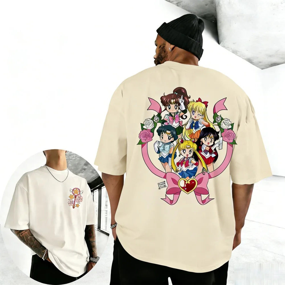Unisex Pure Cotton T-shirt Sailor Moon Tsukino Usagi 2026 Summer New Item Harajuku Anime Printed Loose Family Short Sleeved Top