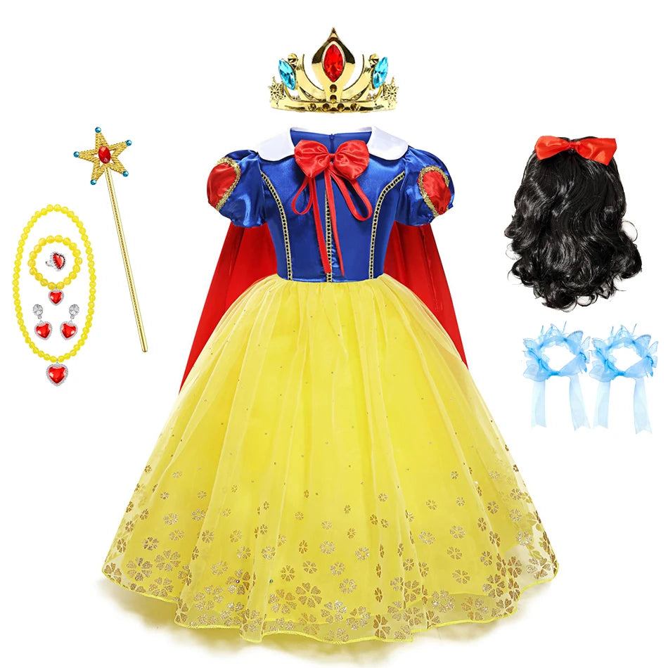 Snow White Costume for Girls Short Sleeve Dress with Cape Tulle Dress Princess Birthday Party Gown