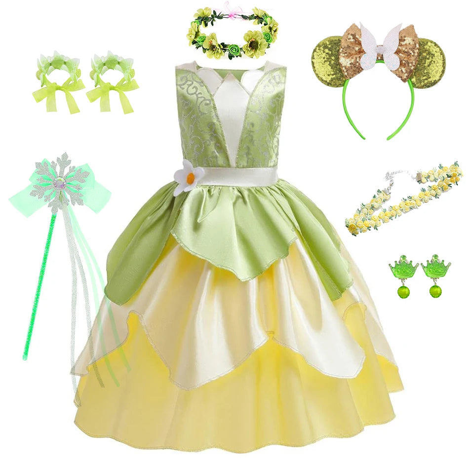 Tiana Costume Girls Cosplay Princess Dress Up Children Carnival Party Vestidos Kids Green Sleeveless Elegant Dresses