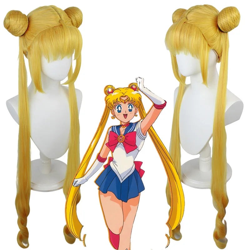 Cosplay Anime Wigs Sailor Moon Tsukino Usagi Long Curly Blonde Double Ponytail Synthetic Cosplay Wig with Rose net